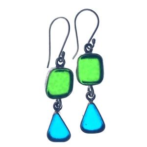 Earrings blue + green sea glass with silver